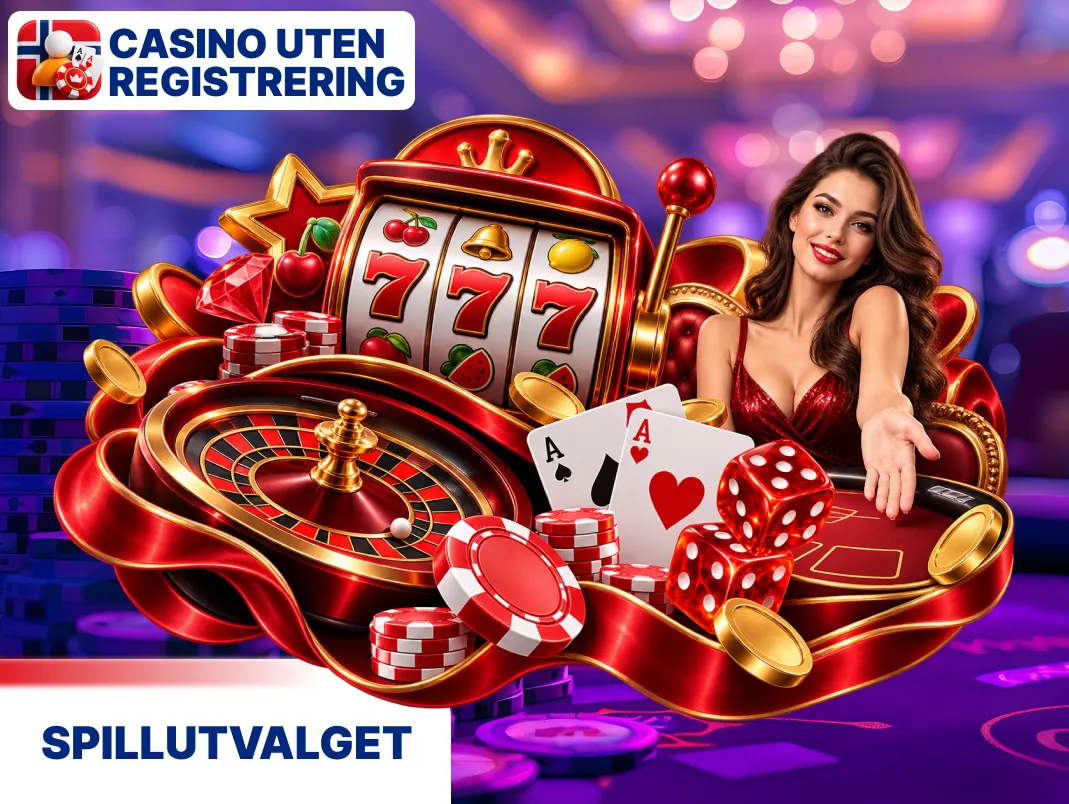 Spillutvalget på casino med populære spilleautomater, bordspill og live casino.